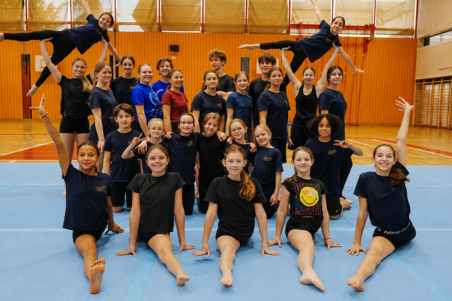 Groupe de jeunes gymnastes de la Gym Pully posant ensemble sur les tapis bleus de la salle de gymnastique.