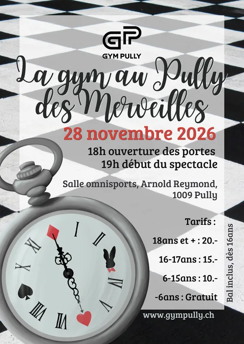 Affiche de la soirée de gym 2026, La gym au Pully des Merveilles, le 28 novembre 2026